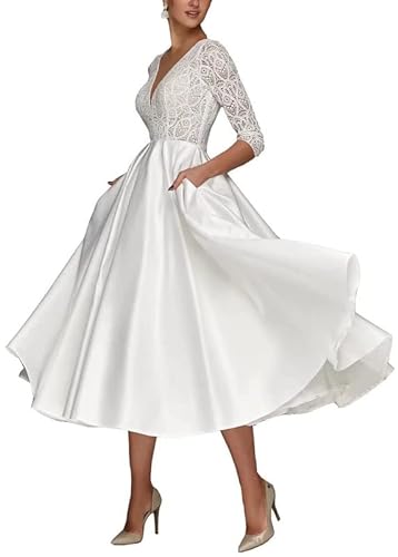 TANPAUL Brautkleider V-Ausschnitt Spitzen Hochzeitskleid Satin Rückenfrei Abendkleider Elfenbein 38 von TANPAUL