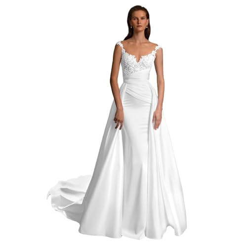 TANPAUL Brautkleider mit Spitze Meerjungfrau Satin Hochzeitskleider V Ausschnitt Brautmode Standesamt Brautkleid mit Schleppe Weiß 36 von TANPAUL