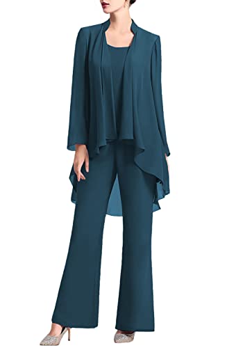 TANPAUL Hosenanzug Damen Festlich 3 Teilig Chiffon Abendkleider Elegant für Hochzeit Brautmutterkleider Partykleid mit Jacke Tintenblau 48 von TANPAUL