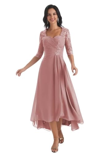 TANPAUL Brautmutterkleider Lang Spitzen Vokuhila Abendkleid Formell Hochzeit Partykleid Altrosa 42 von TANPAUL