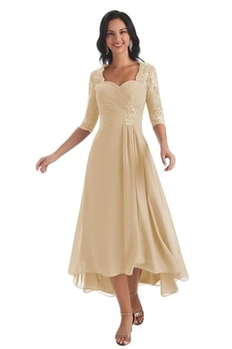 TANPAUL Brautmutterkleider Lang Spitzen Vokuhila Abendkleid Formell Hochzeit Partykleid Champagner 38 von TANPAUL