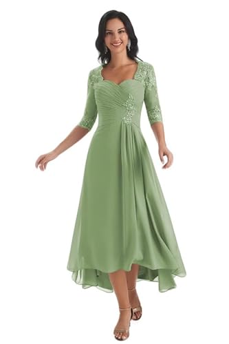 TANPAUL Brautmutterkleider Lang Spitzen Vokuhila Abendkleid Formell Hochzeit Partykleid Salbei 42 von TANPAUL