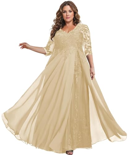 TANPAUL Brautmutterkleider für Hochzeit Große Größe - Damen Spitze Chiffon Festliche Partykleider Abendkleider mit Ärmel Champagner 52 von TANPAUL