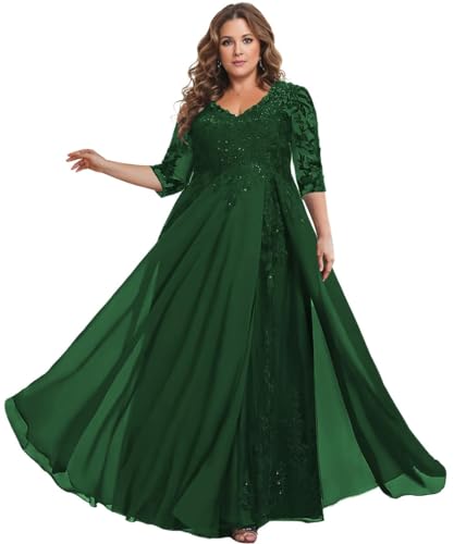 TANPAUL Brautmutterkleider für Hochzeit Große Größe - Damen Spitze Chiffon Festliche Partykleider Abendkleider mit Ärmel Dunkelgrün 48 von TANPAUL