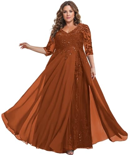 TANPAUL Brautmutterkleider für Hochzeit Große Größe - Damen Spitze Chiffon Festliche Partykleider Abendkleider mit Ärmel Gebranntes Orange 56 von TANPAUL