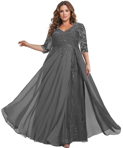 TANPAUL Brautmutterkleider für Hochzeit Große Größe - Damen Spitze Chiffon Festliche Partykleider Abendkleider mit Ärmel Grau 54 TANPAUL Brautmutterkleider für Hochzeit Große Größe - Damen Spitze Chiffon Festliche Partykleider Abendkleider mit Ärmel Grau 54 von TANPAUL