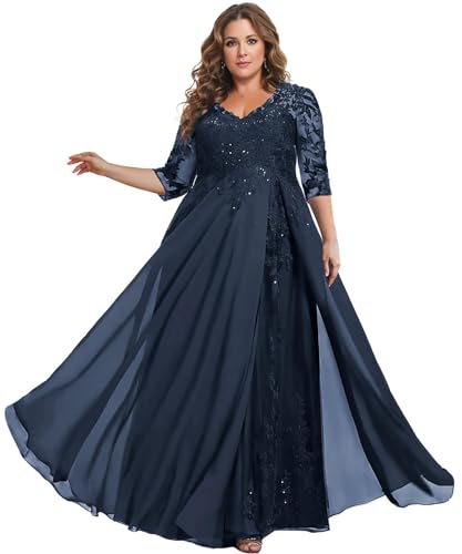 TANPAUL Brautmutterkleider für Hochzeit Große Größe - Damen Spitze Chiffon Festliche Partykleider Abendkleider mit Ärmel Marineblau 44 von TANPAUL