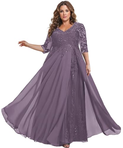 TANPAUL Brautmutterkleider für Hochzeit Große Größe - Damen Spitze Chiffon Festliche Partykleider Abendkleider mit Ärmel Mauve 48 von TANPAUL