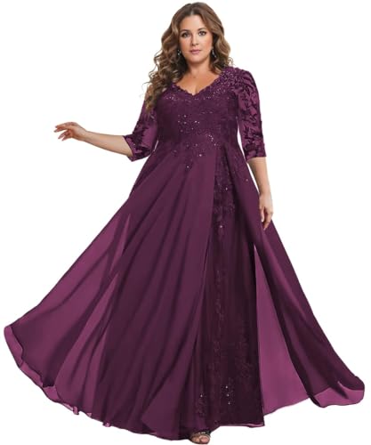 TANPAUL Brautmutterkleider für Hochzeit Große Größe - Damen Spitze Chiffon Festliche Partykleider Abendkleider mit Ärmel Pflaume 52 TANPAUL Brautmutterkleider für Hochzeit Große Größe - Damen Spitze Chiffon Festliche Partykleider Abendkleider mit Ärmel Pflaume 52 von TANPAUL