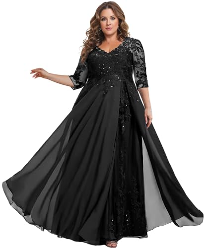 TANPAUL Brautmutterkleider für Hochzeit Große Größe - Damen Spitze Chiffon Festliche Partykleider Abendkleider mit Ärmel Schwarz 50 von TANPAUL