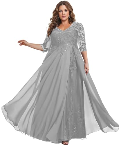 TANPAUL Brautmutterkleider für Hochzeit Große Größe - Damen Spitze Chiffon Festliche Partykleider Abendkleider mit Ärmel Silber 54 von TANPAUL