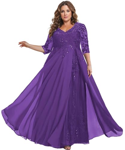 TANPAUL Brautmutterkleider für Hochzeit Große Größe - Damen Spitze Chiffon Festliche Partykleider Abendkleider mit Ärmel Violett 52 von TANPAUL