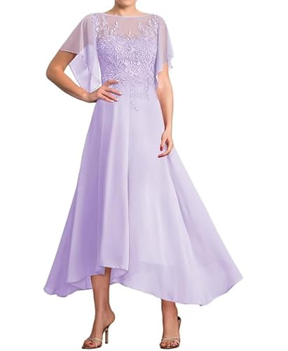TANPAUL Chiffon Brautmutterkleider Spitze Applikationen Abendkleider mit Flatterärmel Lavendel 46 von TANPAUL
