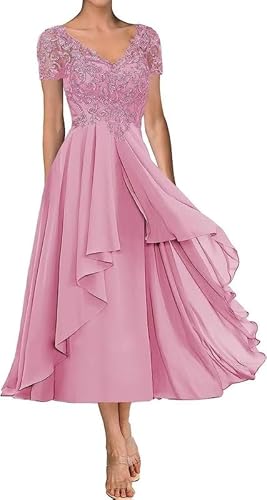 TANPAUL Chiffon Brautmutterkleider V-Ausschnitt Spitze Applikationen Abendkleider Dunkel Rosa 48 von TANPAUL