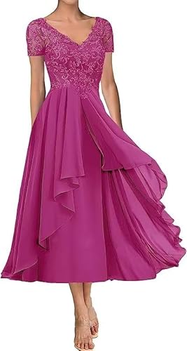 TANPAUL Chiffon Brautmutterkleider V-Ausschnitt Spitze Applikationen Abendkleider Fuchsie 50 von TANPAUL