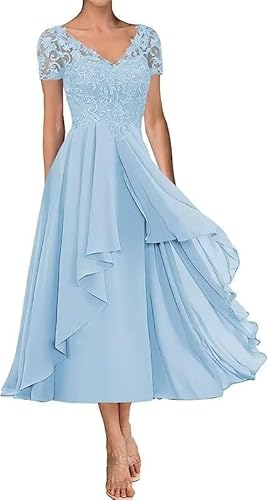 TANPAUL Chiffon Brautmutterkleider V-Ausschnitt Spitze Applikationen Abendkleider Hellblau 48 von TANPAUL