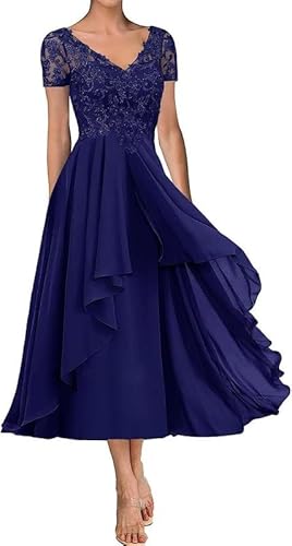 TANPAUL Chiffon Brautmutterkleider V-Ausschnitt Spitze Applikationen Abendkleider Königsblau 46 von TANPAUL