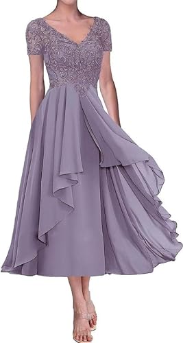 TANPAUL Chiffon Brautmutterkleider V-Ausschnitt Spitze Applikationen Abendkleider Mauve 46 von TANPAUL