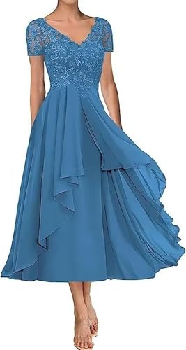 TANPAUL Chiffon Brautmutterkleider V-Ausschnitt Spitze Applikationen Abendkleider Ozeanblau 46 von TANPAUL