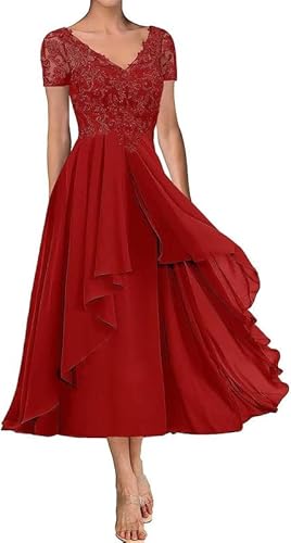 TANPAUL Chiffon Brautmutterkleider V-Ausschnitt Spitze Applikationen Abendkleider Rot 38 von TANPAUL