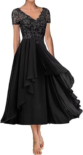 TANPAUL Chiffon Brautmutterkleider V-Ausschnitt Spitze Applikationen Abendkleider Schwarz 52 von TANPAUL