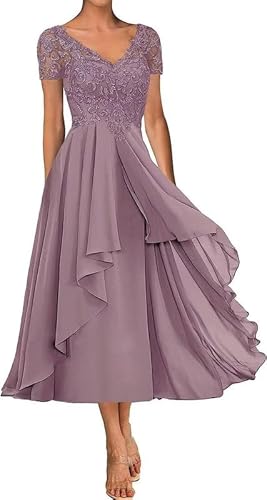 TANPAUL Chiffon Brautmutterkleider V-Ausschnitt Spitze Applikationen Abendkleider Wisteria 36 von TANPAUL