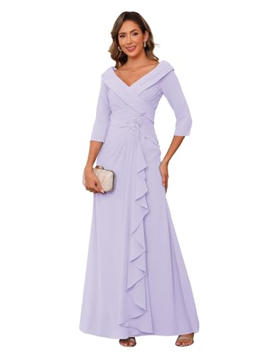 TANPAUL Chiffon Brautmutterkleider für Hochzeit V-Ausschnitt Geraffte Lange Formale Kleid mit 3/4 Ärmel Flieder 52 von TANPAUL