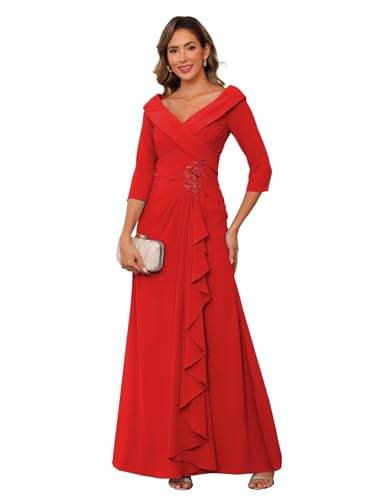 TANPAUL Chiffon Brautmutterkleider für Hochzeit V-Ausschnitt Geraffte Lange Formale Kleid mit 3/4 Ärmel Rot 50 von TANPAUL