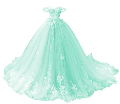 TANPAUL Damen Abendkleid Schulterfrei Lang - Spitzen Tüll Partykleid Prinzessin Herzausschnitt Mintgrün 32 von TANPAUL