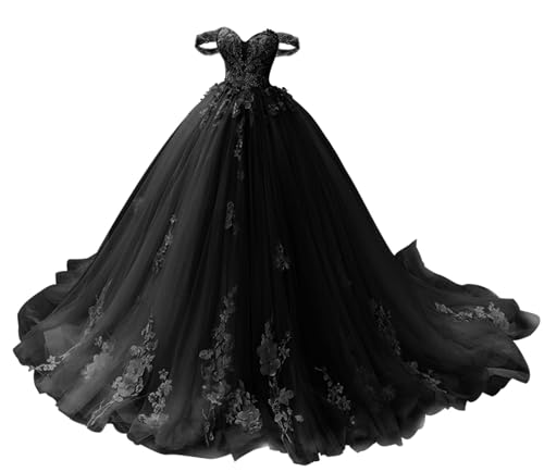 TANPAUL Damen Abendkleid Schulterfrei Lang - Spitzen Tüll Partykleid Prinzessin Herzausschnitt Schwarz 44 von TANPAUL
