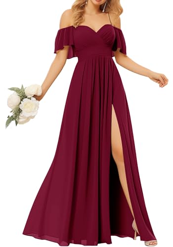 TANPAUL Damen Abendkleider Elegant Chiffon Brautjungfernkleid Schulterfrei Festliche Kleider für Hochzeitsgast von TANPAUL