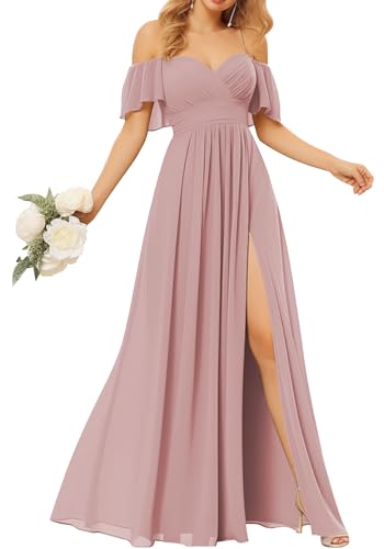 TANPAUL Damen Abendkleider Elegant Chiffon Brautjungfernkleid Schulterfrei Festliche Kleider für Hochzeitsgast von TANPAUL