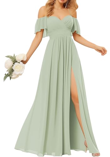 TANPAUL Damen Abendkleider Elegant Chiffon Brautjungfernkleid Schulterfrei Festliche Kleider für Hochzeitsgast von TANPAUL