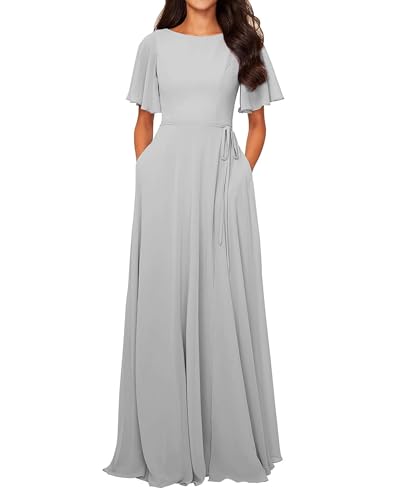 TANPAUL Damen Ballkleider Lang Elegant - Chiffon Kleider mit Ärmel und Rundhalsausschnitt Silber 38 von TANPAUL