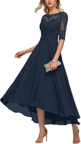 TANPAUL Damen Brautjungfernkleid A-Linie 1/2 Ärmel Abendkleider Elegant Chiffon Festkleid Navy 34 von TANPAUL