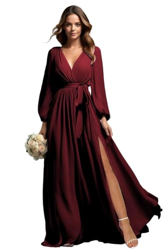 TANPAUL Damen Brautjungfernkleider Lang Chiffon - Elegant V-Ausschnitt Abendkleider Langarm mit Schlitz Dunkles Burgunderrot B 32 TANPAUL Damen Brautjungfernkleider Lang Chiffon - Elegant V-Ausschnitt Abendkleider Langarm mit Schlitz Dunkles Burgunderrot B 32 von TANPAUL