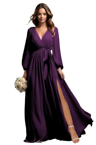 TANPAUL Damen Brautjungfernkleider Lang Chiffon - Elegant V-Ausschnitt Abschlussballkleid mit Schlitz Purpurrot 48 TANPAUL Damen Brautjungfernkleider Lang Chiffon - Elegant V-Ausschnitt Abschlussballkleid mit Schlitz Purpurrot 48 von TANPAUL