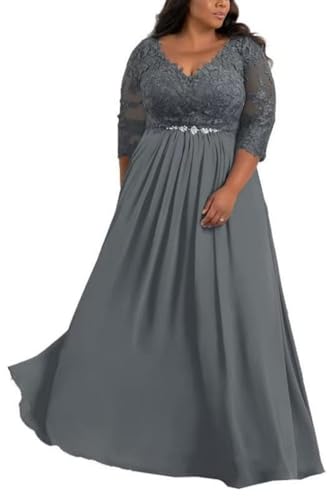 TANPAUL Damen Brautmutterkleid Übergroße Lang - Elegant Chiffon Abendkleid für Hochzeit V-Ausschnitt 3/4 Ärmel Grau 54 von TANPAUL