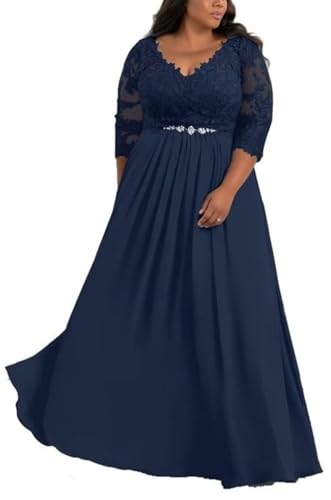 TANPAUL Damen Brautmutterkleid Übergroße Lang - Elegant Chiffon Abendkleid für Hochzeit V-Ausschnitt 3/4 Ärmel Navy 56 von TANPAUL