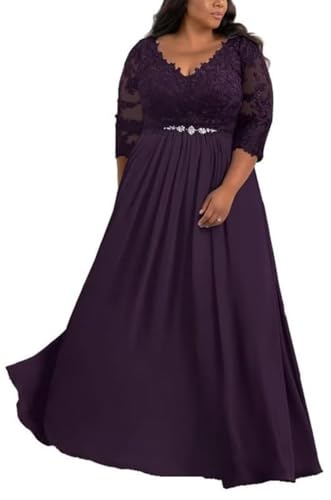 TANPAUL Damen Brautmutterkleid Übergroße Lang - Elegant Chiffon Abendkleid für Hochzeit V-Ausschnitt 3/4 Ärmel Pflaume 58 von TANPAUL