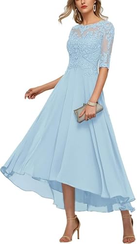 TANPAUL Damen Brautmutterkleider Lang Vokuhila A-Linie Abendkleid Spitze Chiffon Ballkleid Himmelblau 40 von TANPAUL