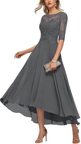 TANPAUL Damen Brautmutterkleider Lang Vokuhila A-Linie Abendkleid Spitze Chiffon Ballkleid Stahlgrau 48 von TANPAUL