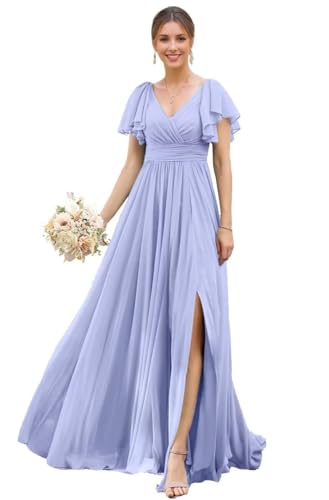 TANPAUL Damen Chiffon Ballkleider Lang - Brautjungfernkleider für Hochzeit Vokuhila Kleider mit Schlitz Lavendel A 38 von TANPAUL