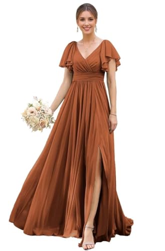 TANPAUL Damen Chiffon Brautjungfernkleider Lang - Abschlusskleid mit Ärmel Vokuhila Kleid mit Schlitz Gebrannte Orange 40 von TANPAUL