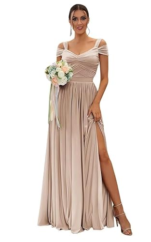 TANPAUL Damen Chiffon Brautjungfernkleider Schulterfrei Elegante Abendkleider A-Linie Kleider für Hochzeitsgäste von TANPAUL