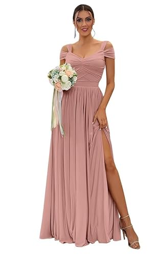 TANPAUL Damen Chiffon Brautjungfernkleider Schulterfrei Elegante Abendkleider A-Linie Kleider für Hochzeitsgäste von TANPAUL