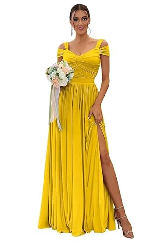 TANPAUL Damen Chiffon Brautjungfernkleider Schulterfrei Elegante Abendkleider A-Linie Kleider für Hochzeitsgäste von TANPAUL