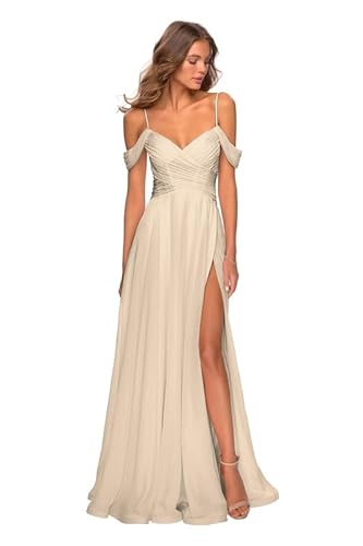 TANPAUL Damen Chiffon Spaghettiträger Brautjungfernkleider Lang A-Line Abendkleid Champagner 36 von TANPAUL