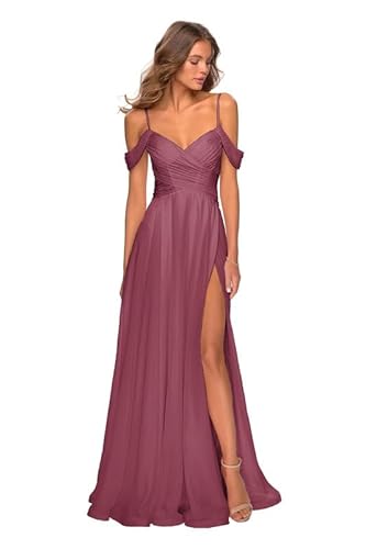 TANPAUL Damen Chiffon Spaghettiträger Brautjungfernkleider Lang A-Line Abendkleid Maulbeere 44 von TANPAUL