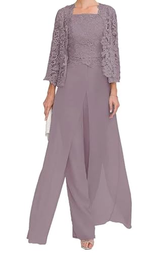 TANPAUL Damen Spitze Brautmutterkleider Abendkleid Oberteile mit Jacke Lang Hosenanzug Mauve 52 von TANPAUL